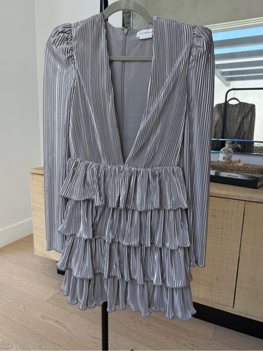 Lovers and Friends Metallic Silver Pleated Ruffle Mini Dress